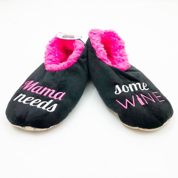 NWT Snoozies Women's Mama Needs Some Wine Non Skid Soles Medium 7/8 Black - Picture 2 of 6